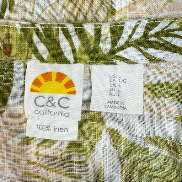 C&C California 100% Linen Tropical Botanical Print Buttons Roll Sleeve Blouse L - Picture 12 of 15